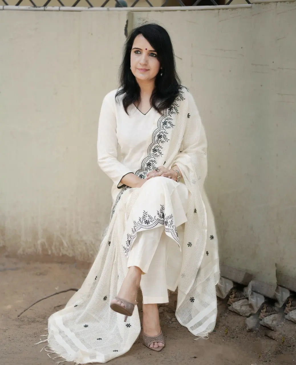 Pure Cotton Kurti with Cutwork Hem and Embroidered Dupatta