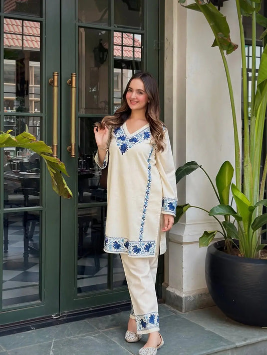 Cotton flax coord set with katha border work