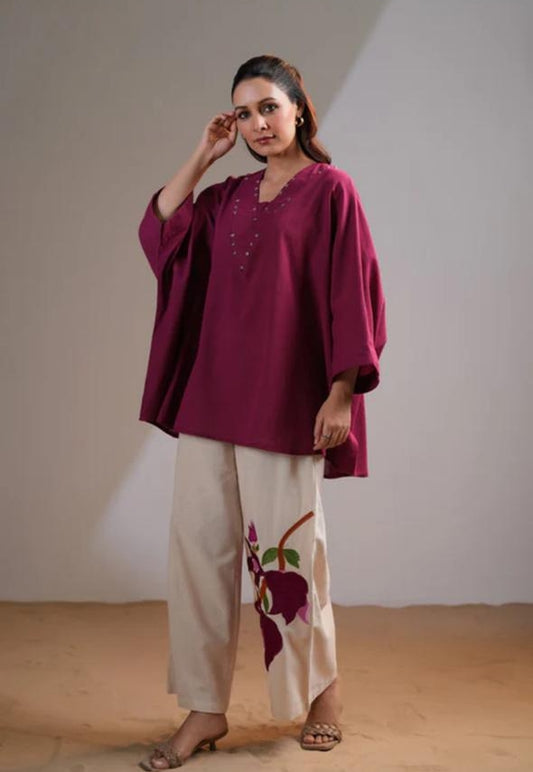 Maroon and cream cotton flex co-ord set with yoke work