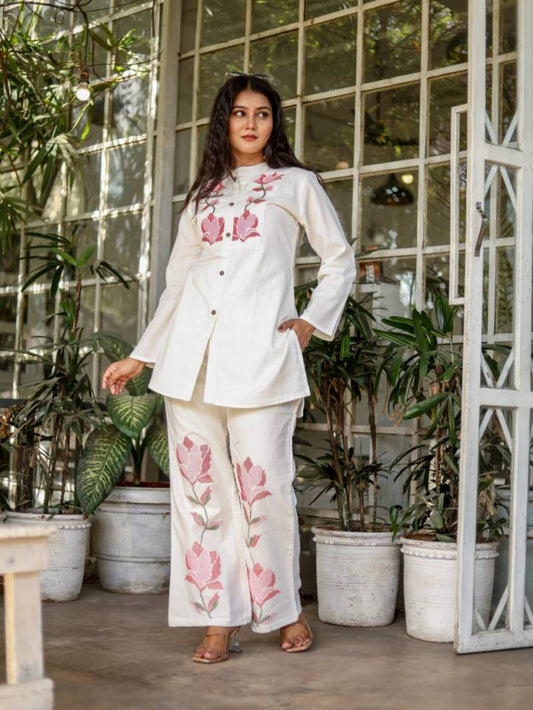 Cotton Flex Co-ord Set with Floral Embroidery Work