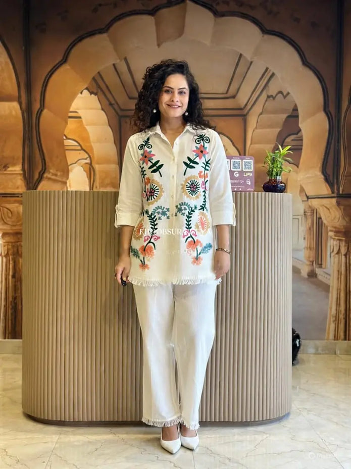 Embroidered cotton flex coord set with lace top and pants