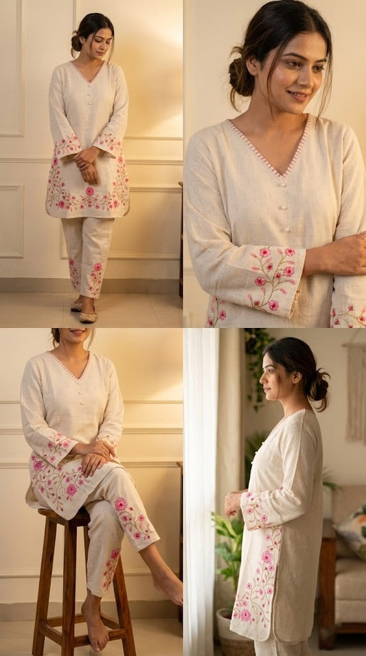 Embroidered cotton flex co-ord set in pure cotton 60×60