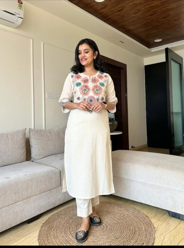 Cotton flex kurta pant set with embroidery

