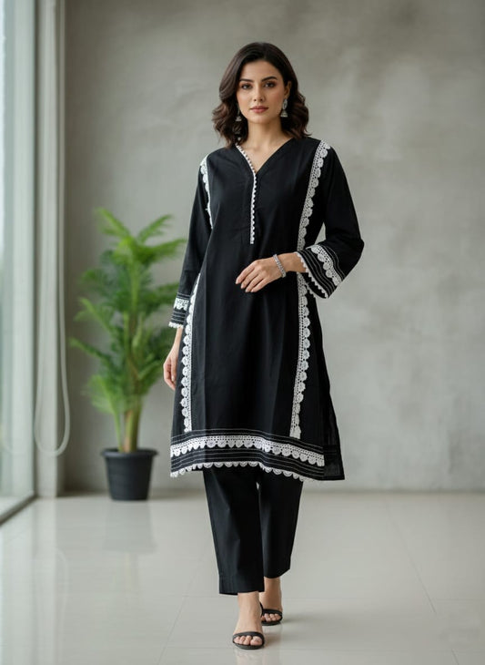 Cotton flex kurti pant set with white lace work