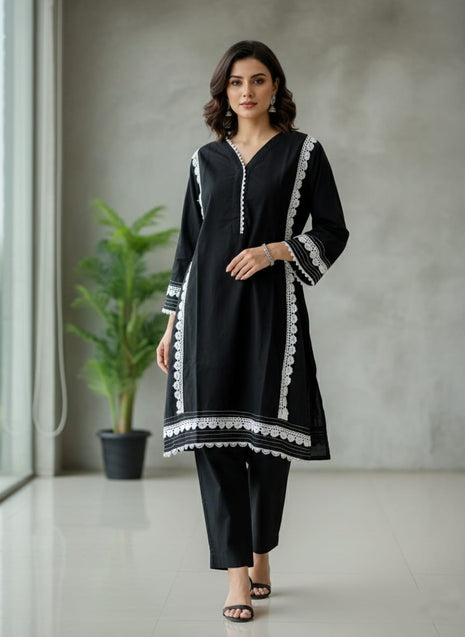 Cotton flex kurti pant set with white lace work