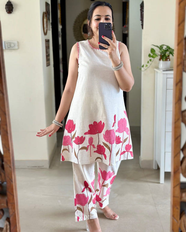 Cotton flex printed kurti with kantha work and matching pants

