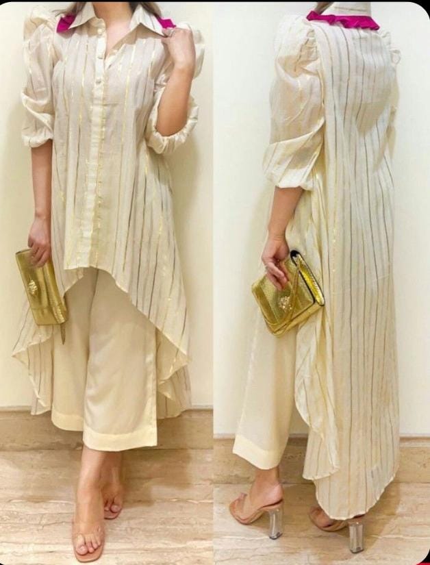 Cotton Foil Asymmetrical Tunic Set with White Plazzo