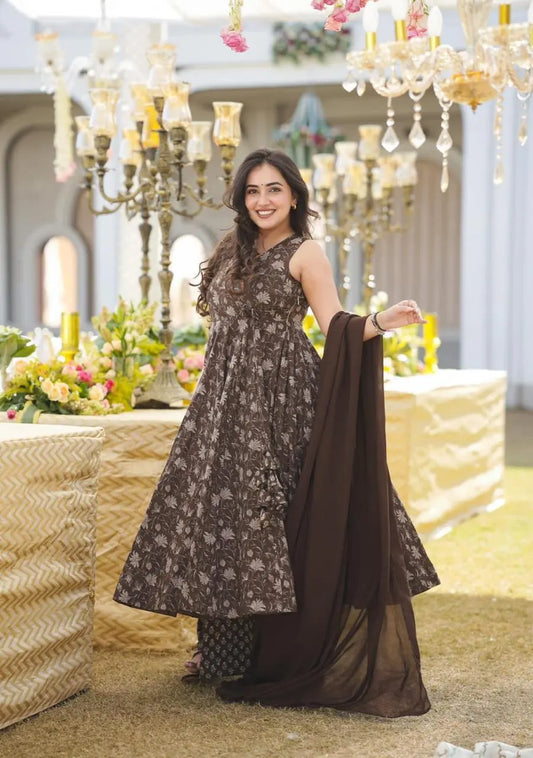 Festive cotton frock style kurta with pattern pant and chiffon dupatta
