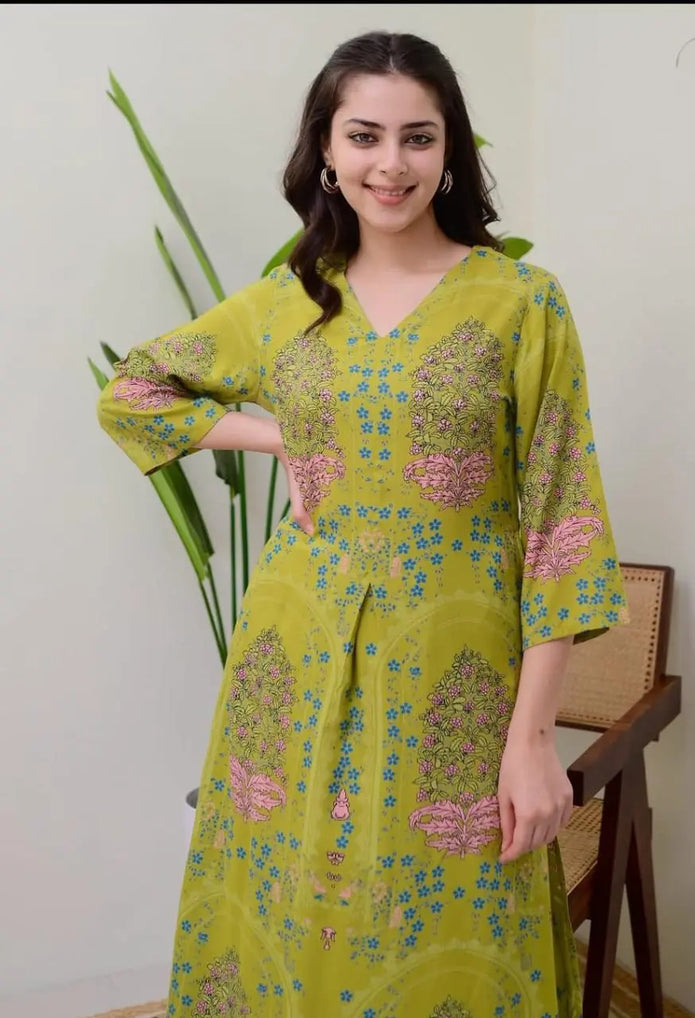 Close-up of neck work on printed kurta


