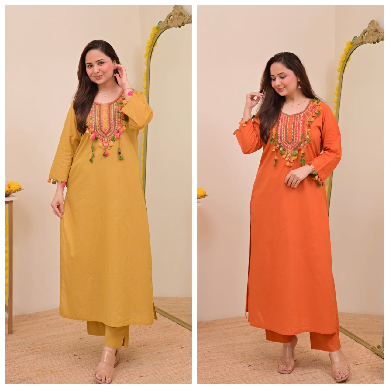 Festive pure cotton kurta set with thread embroidery and tassels