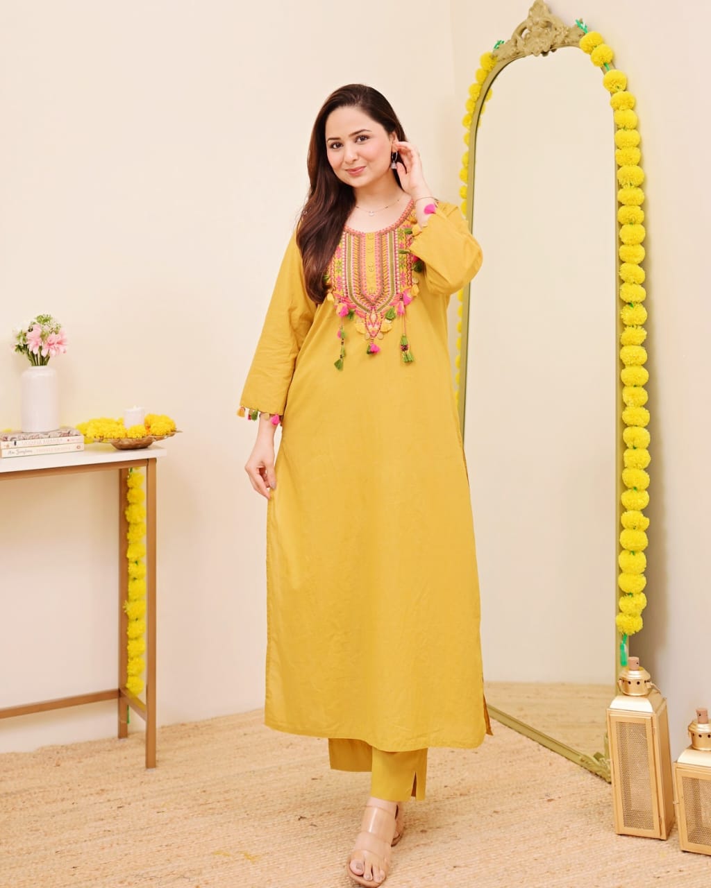 Two-color embroidered cotton kurta pant set for festive wear