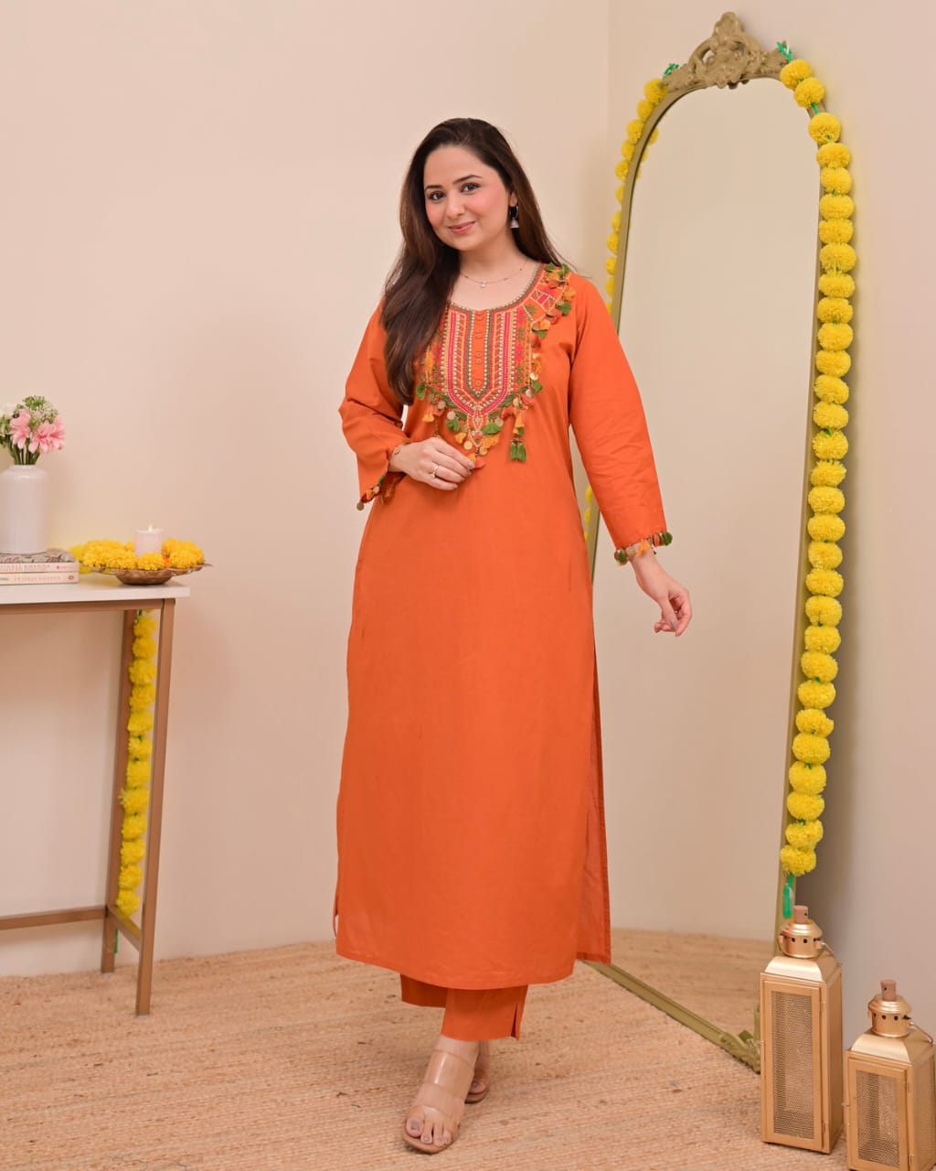 Women’s celebration cotton kurta set with tassel details