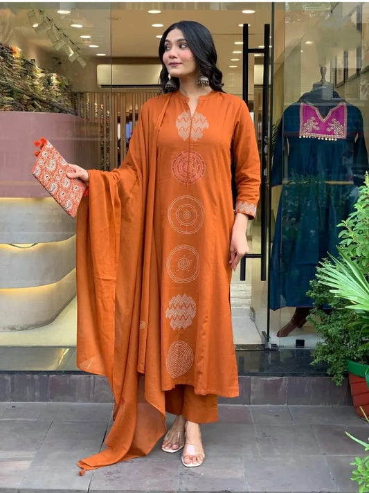Cotton kurti palazzo set with dupatta and hand embroidery