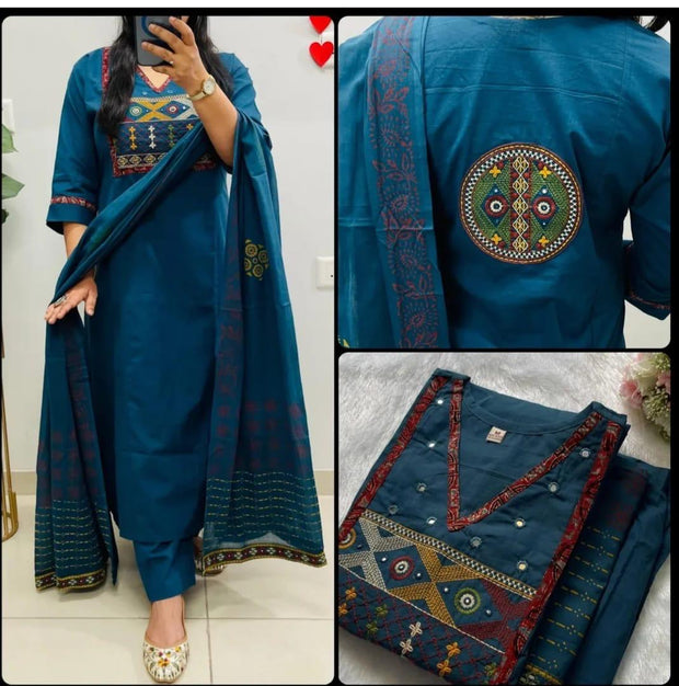 Heavy embroidered cotton Anarkali kurti set