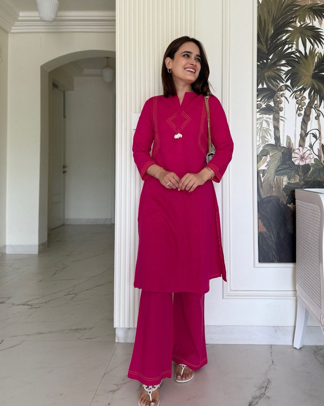 Blush pink cotton kurti palazzo set with thread work