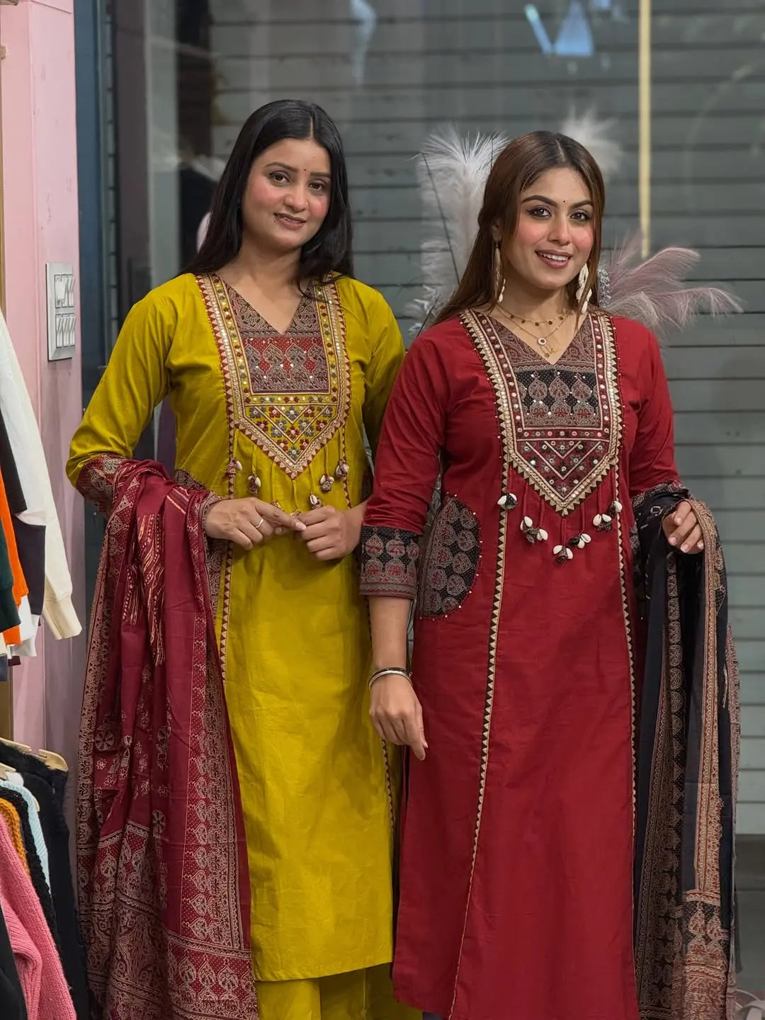 Cotton Kurti Pant Dupatta Set with Embroidery Work