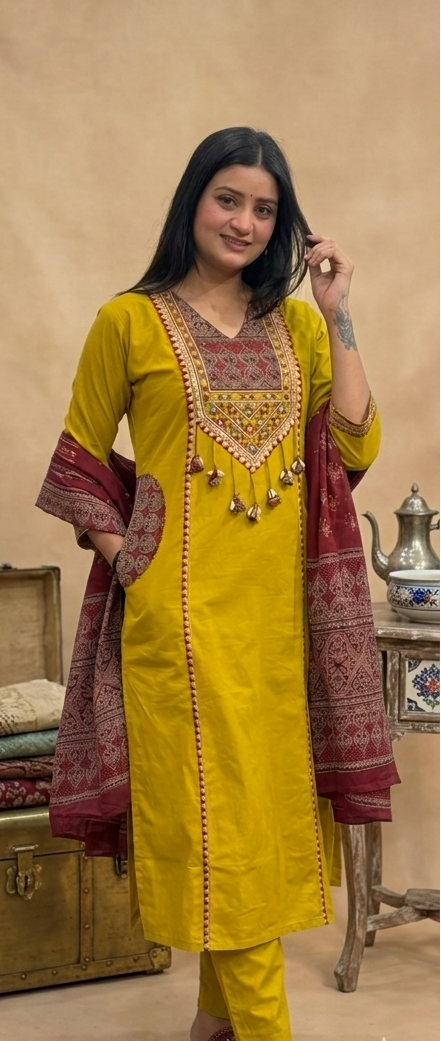 Festive Cotton Kurta Set with Full Dupatta