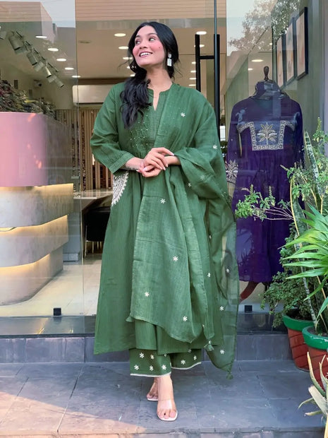 Cotton 60x60 Kurti Pant Dupatta Set with Mirror Work