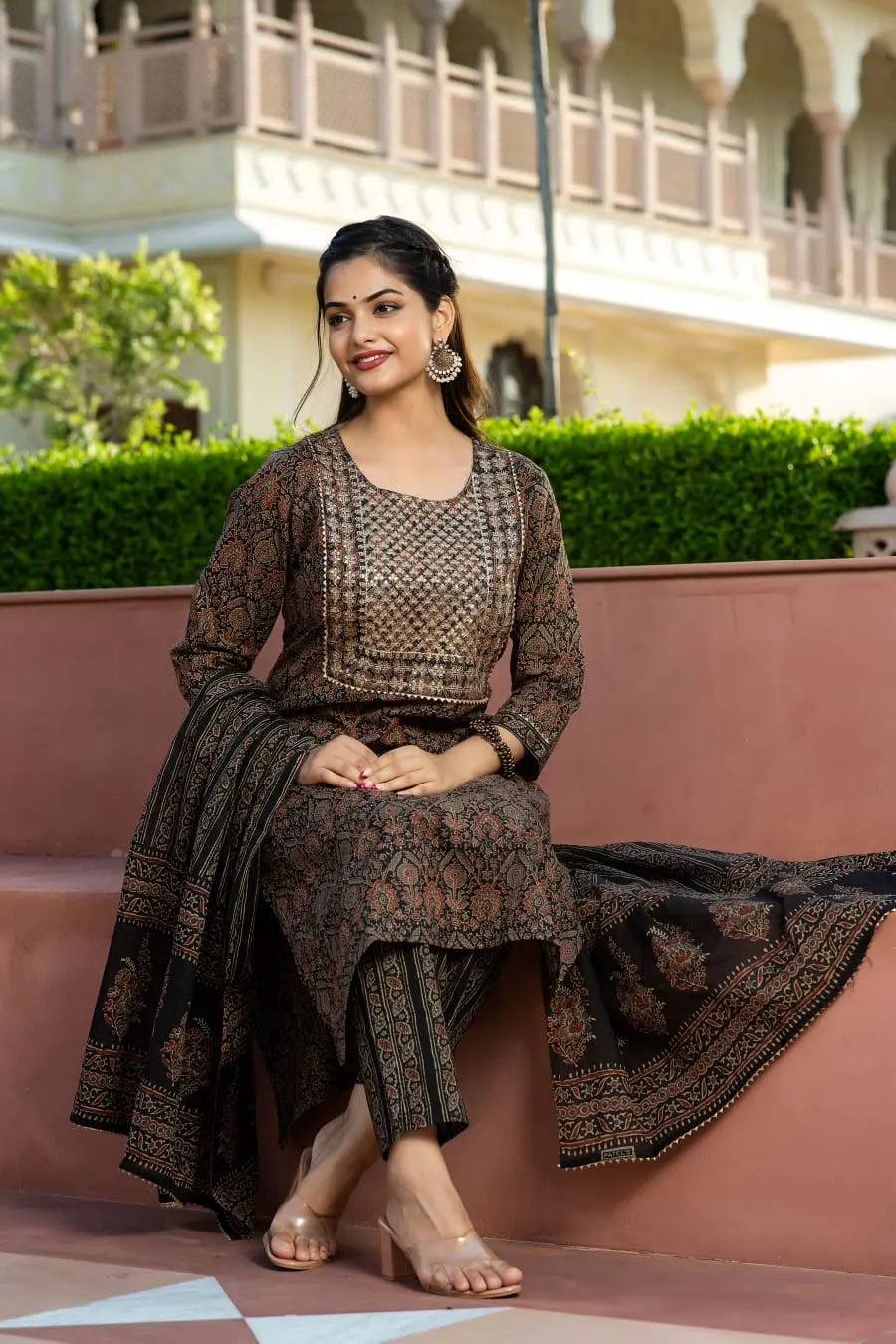 cotton kurti pant dupatta set ajrakh print