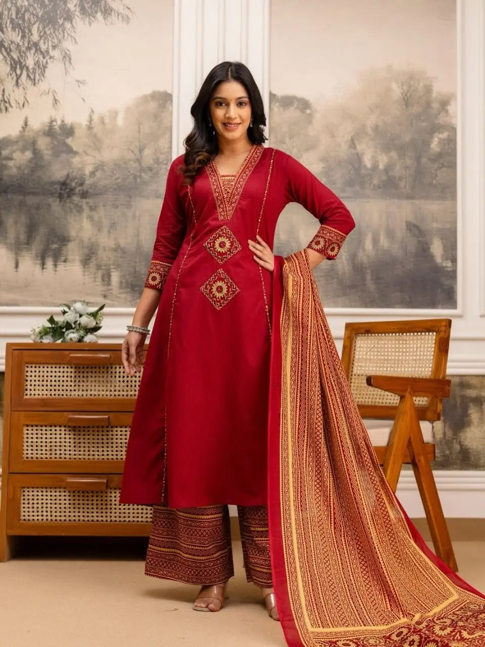 Heavy Cotton Kurti Pant Dupatta Set with Handwork Neck