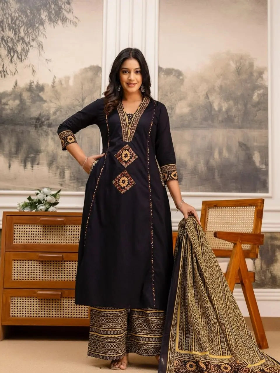 A Line Cotton Kurta Set for Women with Dupatta
