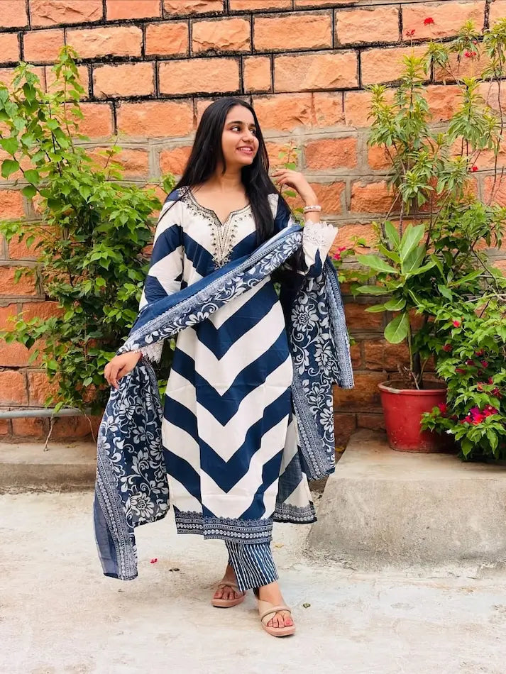 Discharge Print Cotton Kurta Set with Dupatta