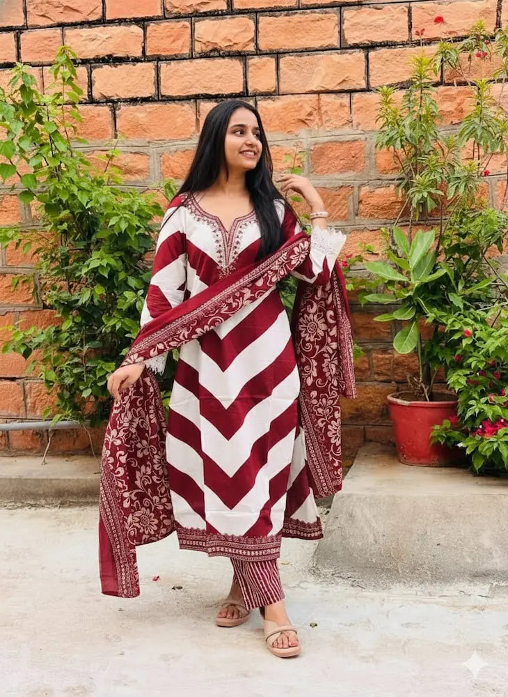 Festive Cotton Kurti Pant Dupatta Suit Set