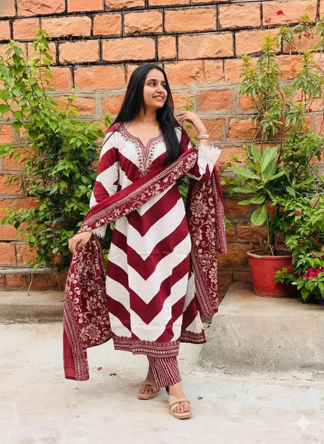 Festive Cotton Kurti Pant Dupatta Suit Set