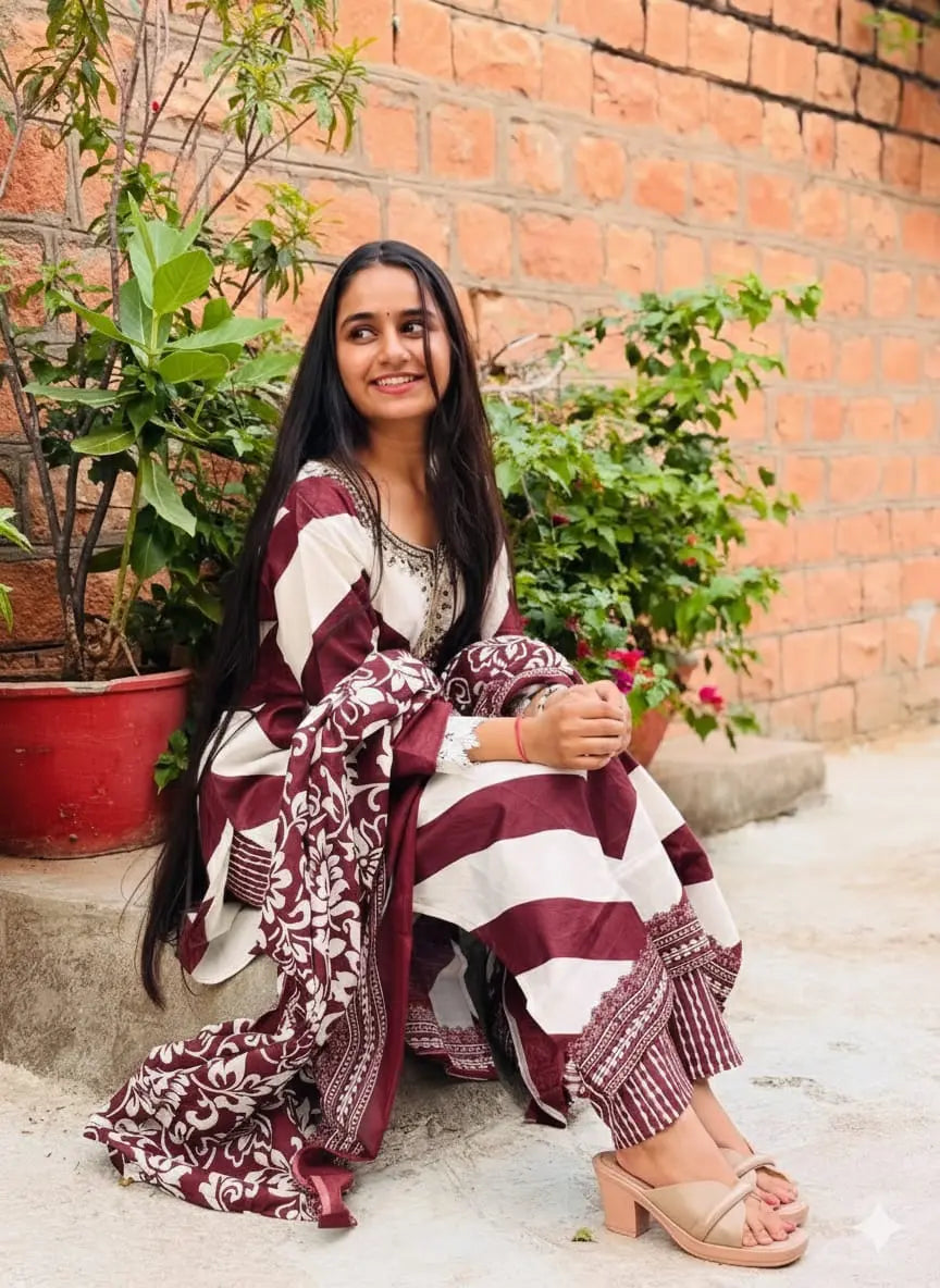 Heavy Cotton Embroidered Kurti Pant Dupatta Set for Women