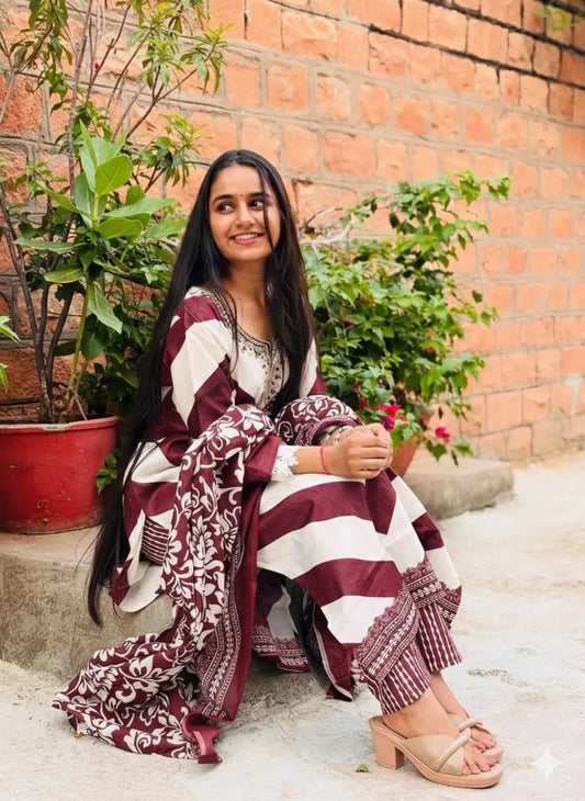 Heavy Cotton Embroidered Kurti Pant Dupatta Set for Women