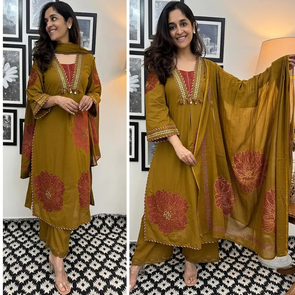 Wedding cotton kurti pant dupatta set for women