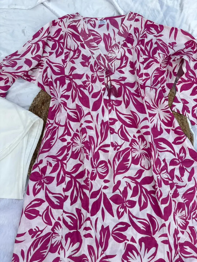 Daily Wear Cotton Kurti Pant Set with Embroidery