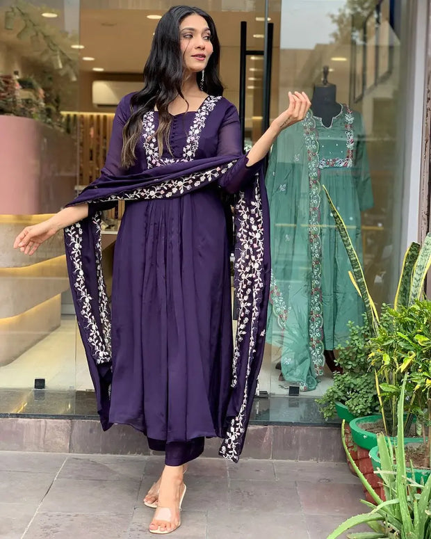 Embroidered cotton kurti pant set with dupatta for women