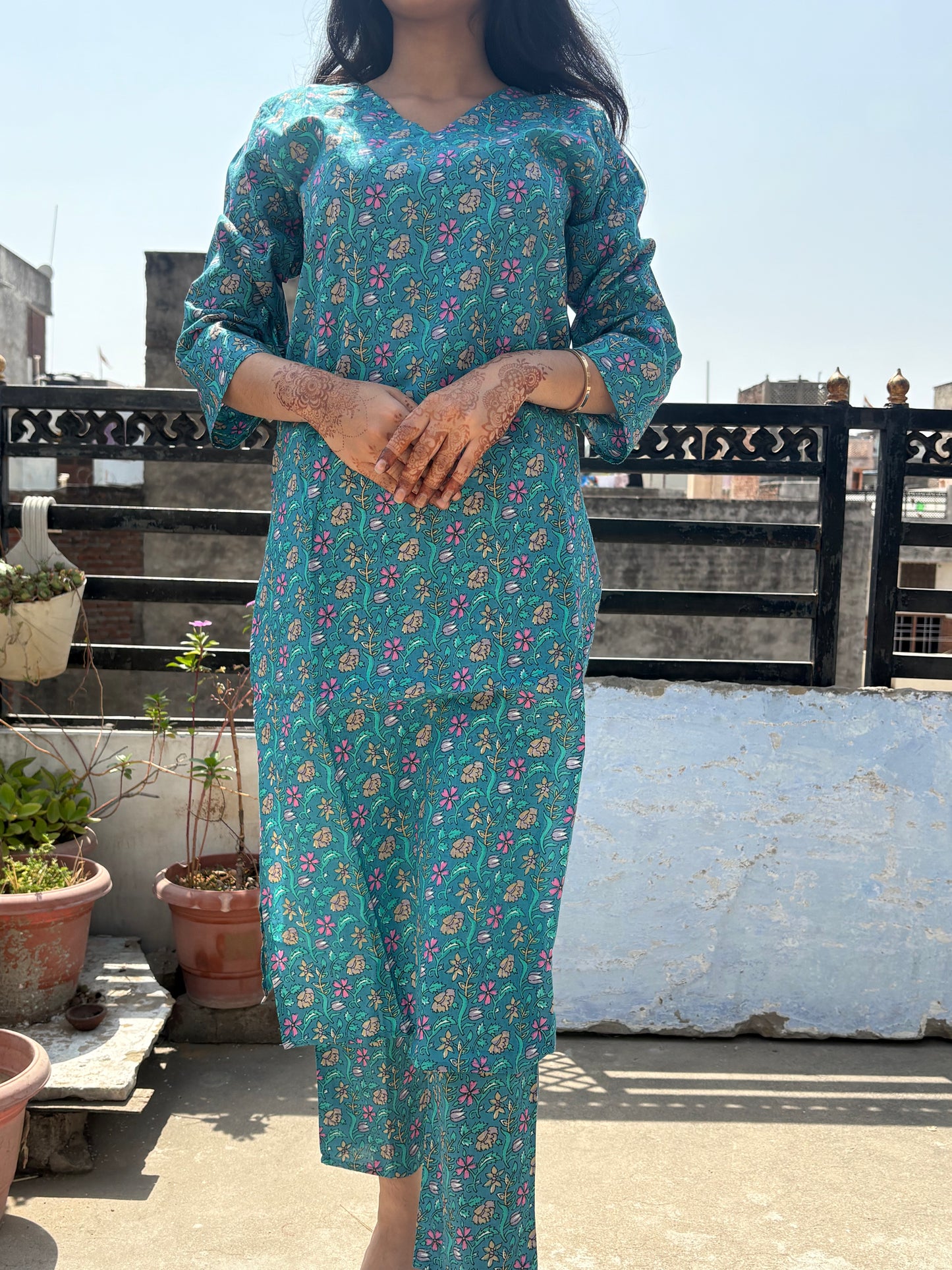 Cotton Kurti Pant Set for Women V Neck Printed Co Ord