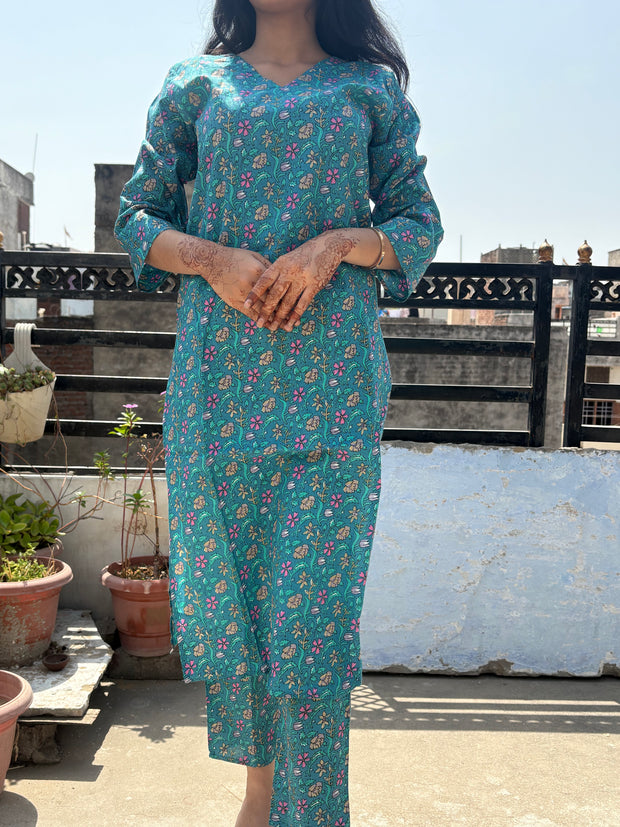 Cotton Kurti Pant Set for Women V Neck Printed Co Ord