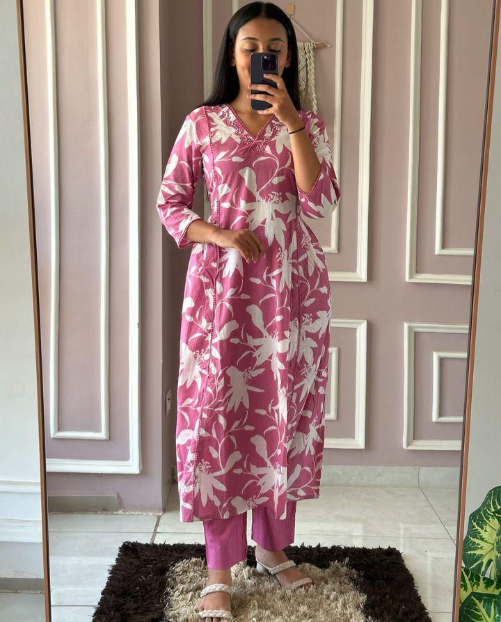 Floral cotton kurti pant set with handwork and side pleats

