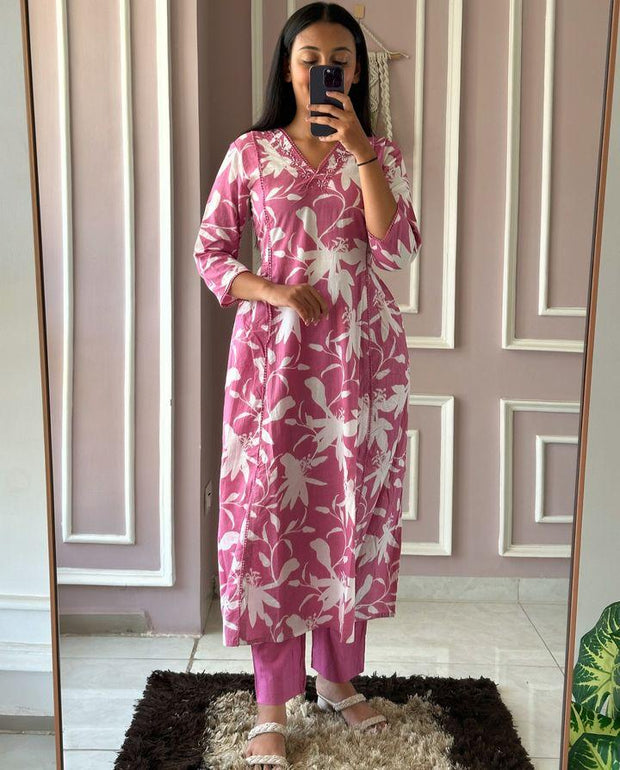 Floral cotton kurti pant set with handwork and side pleats

