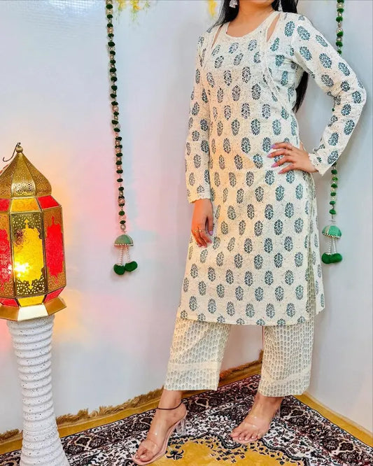 Cotton kurti pant set with minimal handwork for daily wear