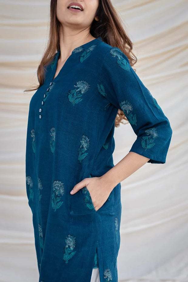 Pure cotton kurti pant set with side pockets and button work

