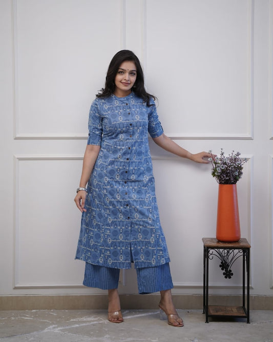 Cotton khadi printed kurti with matching plazo set

