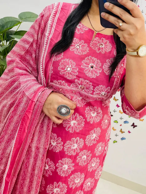 Cotton kurti set with pant and dupatta flatlay

