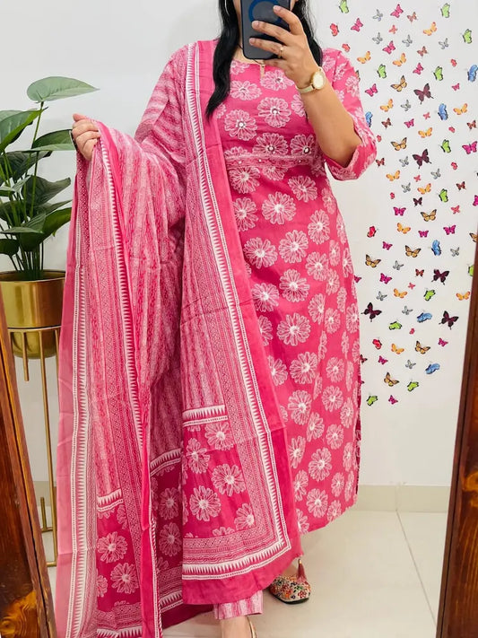 Designer festive cotton kurti set front view

