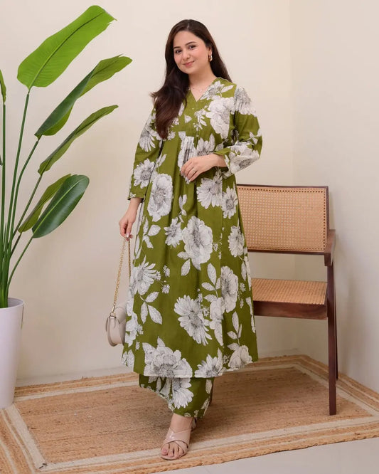 Flared cotton gown style kurti set with embroidered neckline

