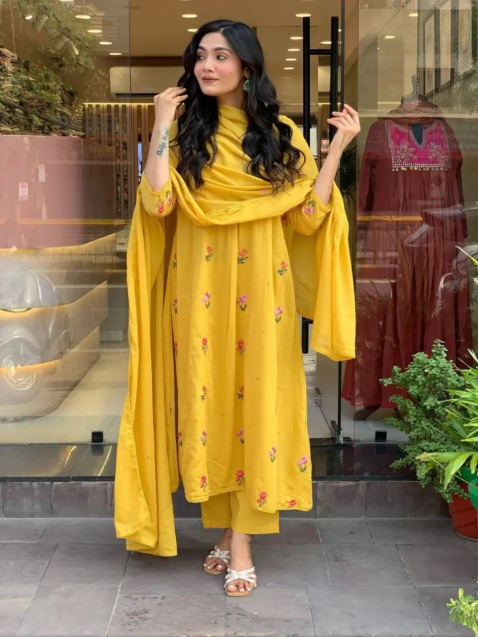 Embroidered cotton kurti set with dupatta for haldi