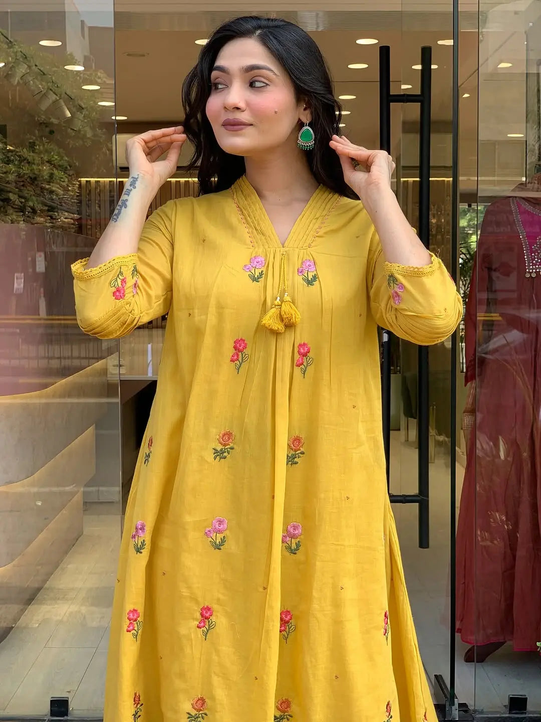 Festive cotton suit with lace dupatta
