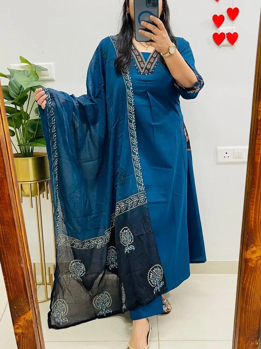 Printed cotton kurti and pant with dupatta for summer wear