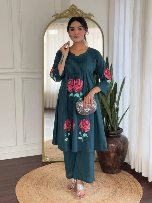 Green cotton mirror work coord set with embroidery

