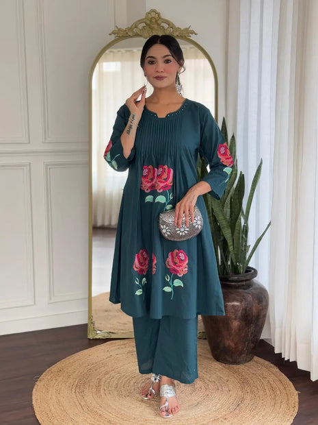Green cotton mirror work coord set with embroidery

