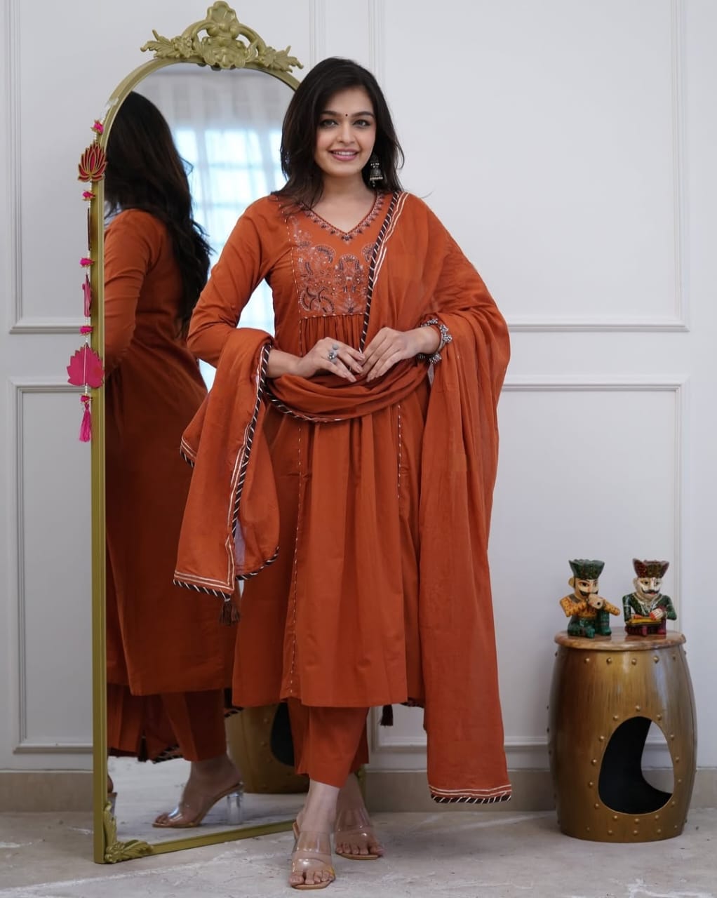 Cotton Nyra cut embroidered kurta set with malmal lace dupatta