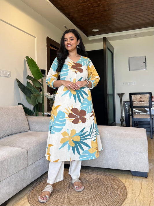 60x60 cotton A-line kurti with plazo in soft print

